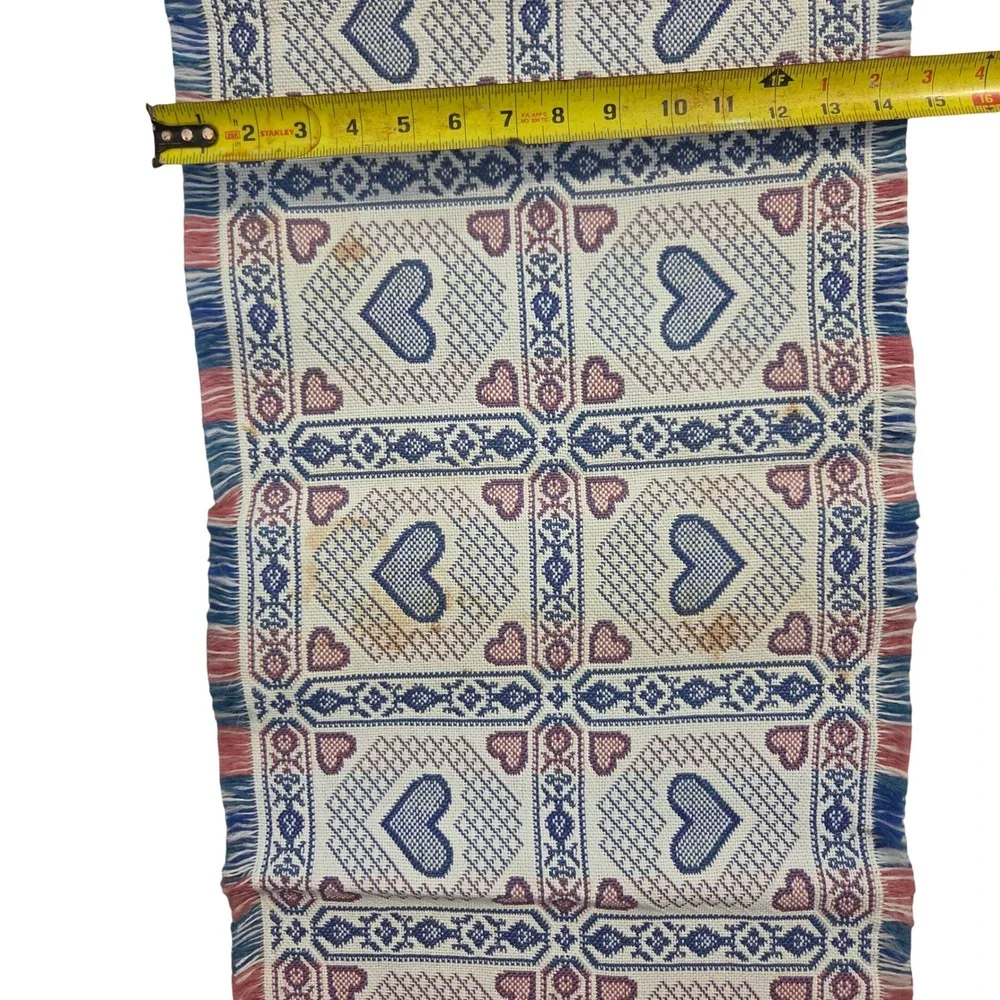 Vtg Woven Heart Table Runner Blue Red White Farmhouse Fringed 14.5x70